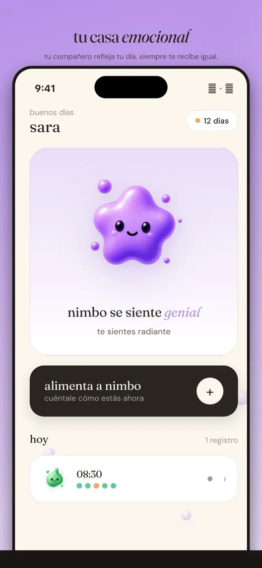Moodly companion Nimbo asking how the day went