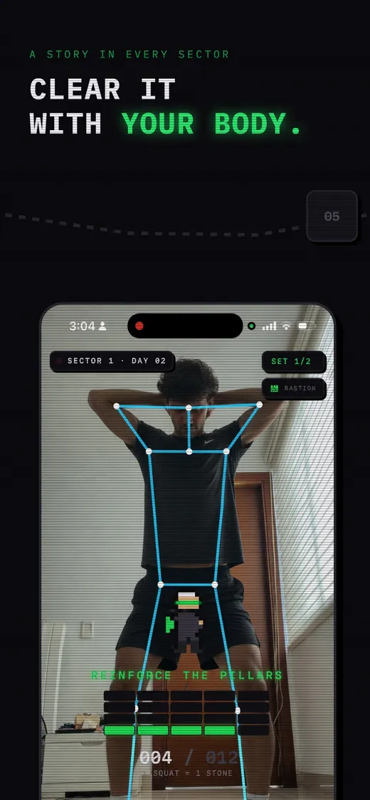Ascend counting squats from the camera with a pose overlay